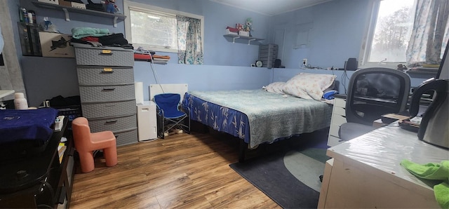 bedroom with multiple windows and hardwood / wood-style flooring