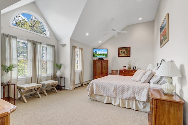 carpeted bedroom with ceiling fan, baseboard heating, and high vaulted ceiling