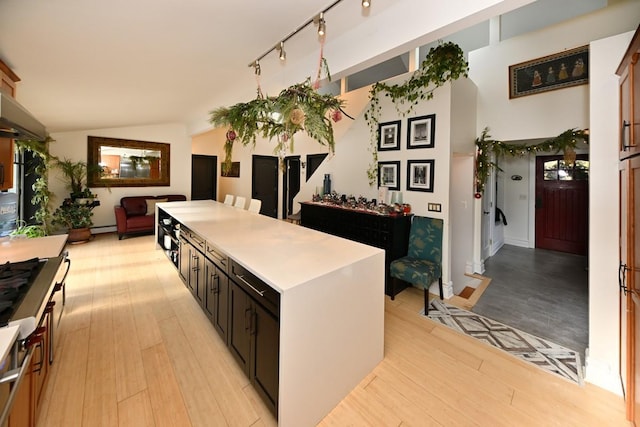 kitchen featuring light wood-type flooring, a baseboard radiator, vaulted ceiling, and a kitchen island