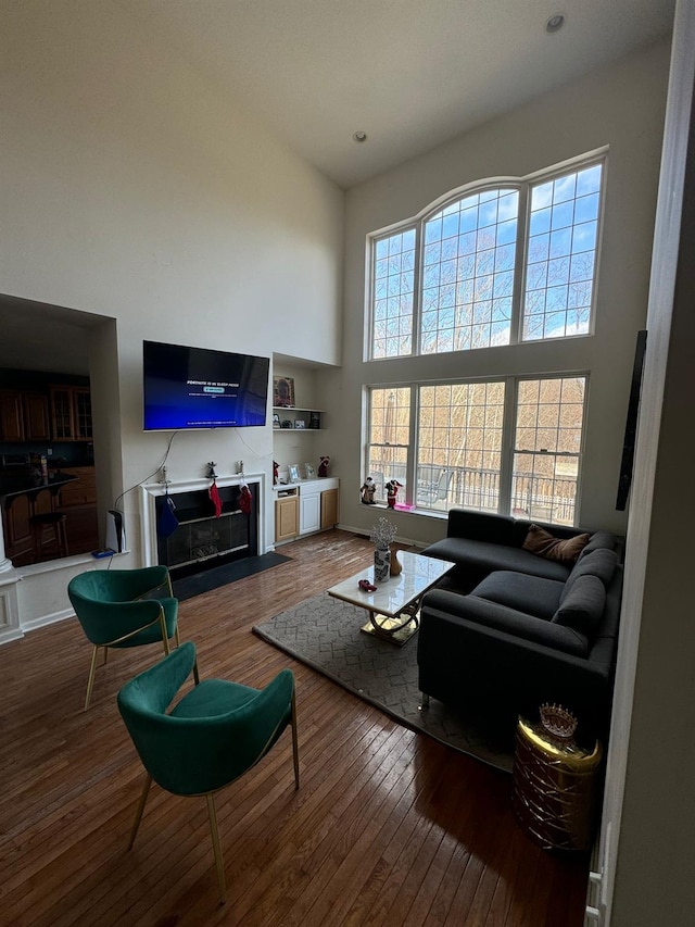 living room with wood-type flooring and a towering ceiling