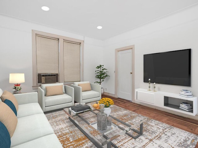 living room with a fireplace, cooling unit, and wood-type flooring