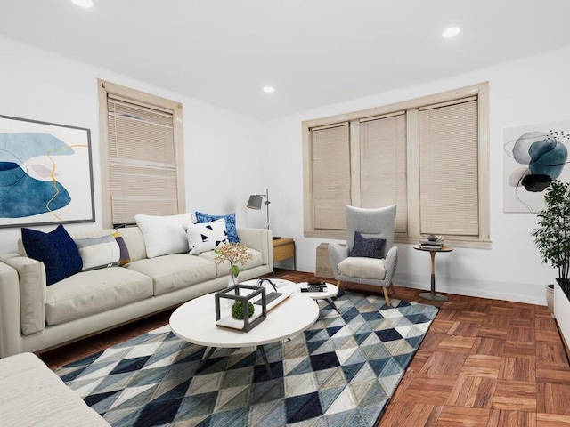 living room featuring dark parquet floors