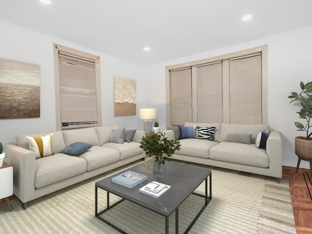 living room featuring light parquet flooring