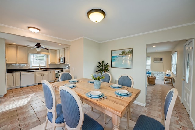 dining space with sink, light tile patterned floors, crown molding, and a wall mounted air conditioner