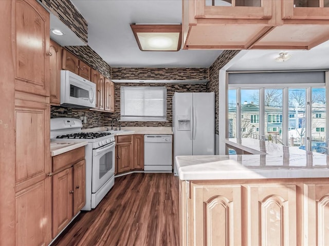 kitchen featuring dark hardwood / wood-style flooring, decorative backsplash, sink, and white appliances