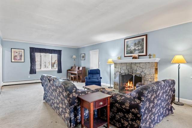 living room with a baseboard heating unit, ornamental molding, light carpet, and a stone fireplace