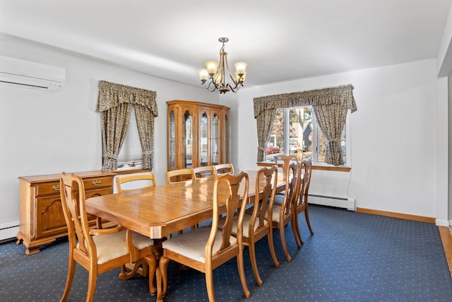 carpeted dining space featuring a baseboard heating unit, a notable chandelier, and a wall mounted air conditioner