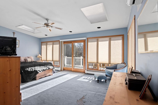 bedroom with lofted ceiling, access to exterior, ceiling fan, carpet floors, and baseboard heating