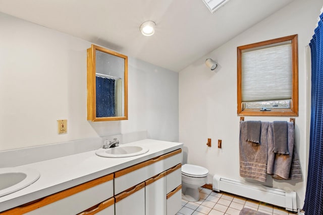 bathroom with lofted ceiling, toilet, tile patterned floors, vanity, and baseboard heating