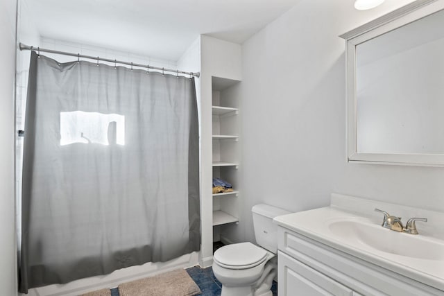 full bathroom with toilet, tile patterned flooring, shower / bath combo with shower curtain, and vanity