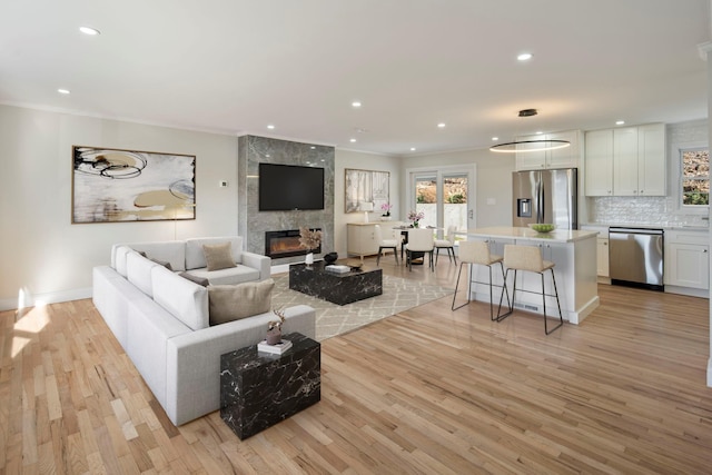 living room featuring light hardwood / wood-style floors and a large fireplace