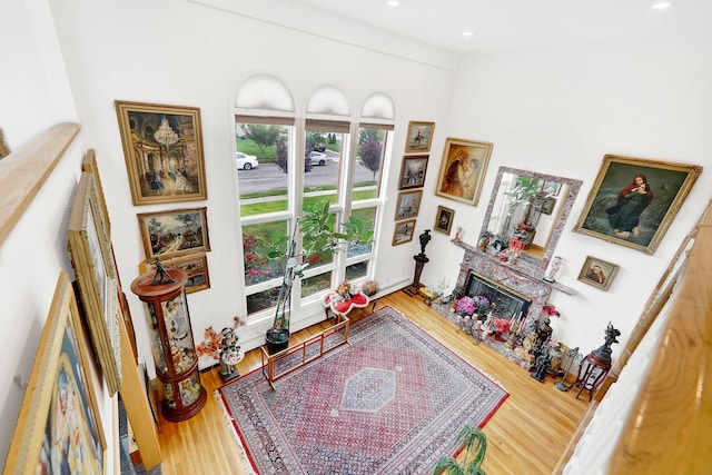 living room featuring a high end fireplace and wood-type flooring