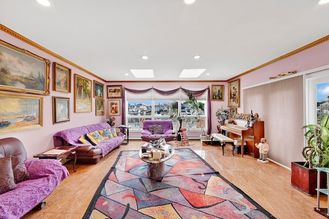 living room with a skylight and ornamental molding