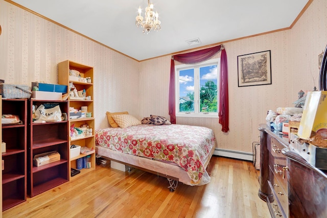 bedroom with light wood-type flooring, a baseboard radiator, crown molding, and a notable chandelier