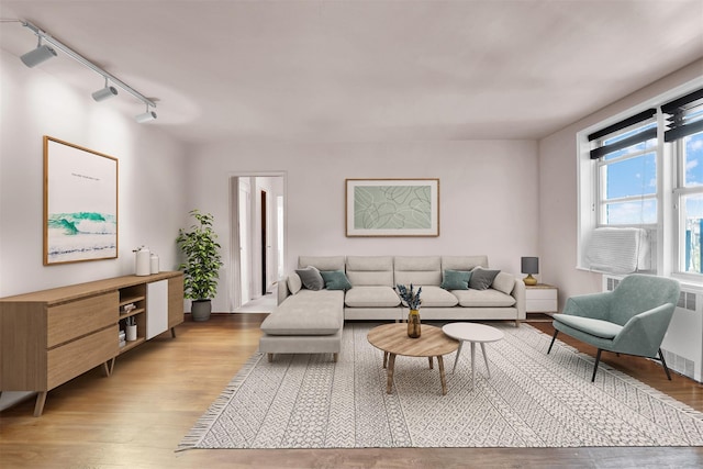 living room featuring radiator, light wood-type flooring, and rail lighting