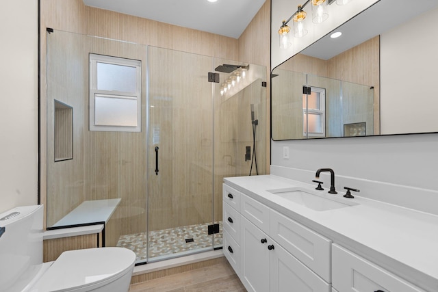 bathroom featuring vanity, toilet, and walk in shower