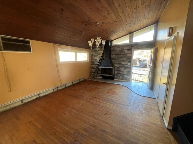 unfurnished living room featuring a wood stove, wood ceiling, lofted ceiling, and wood-type flooring