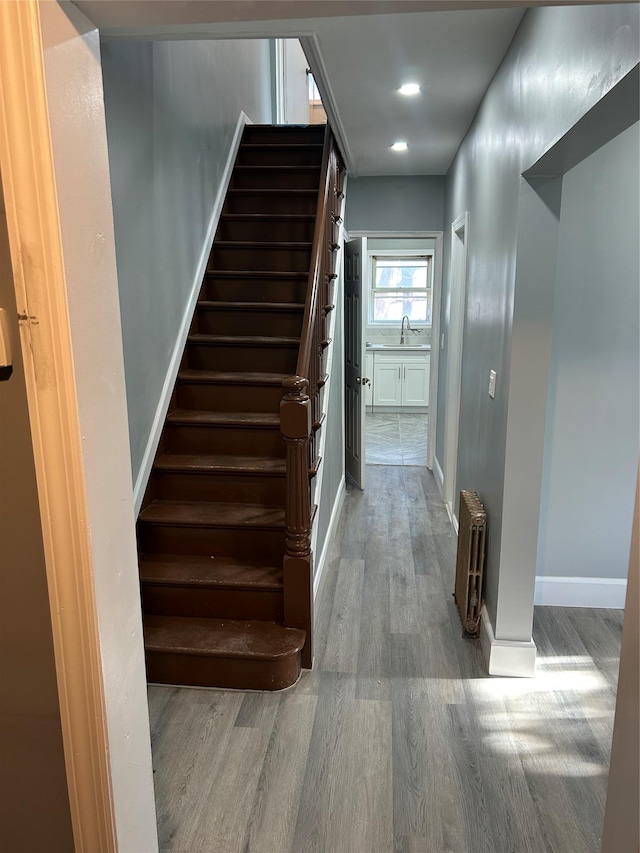 staircase with hardwood / wood-style flooring and sink