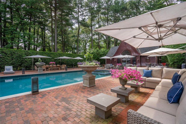 view of swimming pool featuring outdoor lounge area and a patio