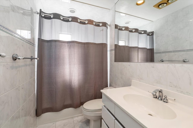 full bathroom with tile walls, tasteful backsplash, toilet, shower / bath combo, and vanity