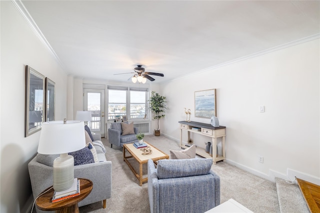 living room featuring light carpet and ornamental molding