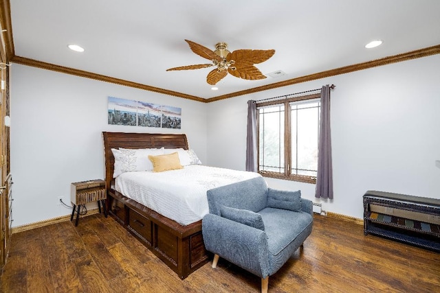 bedroom with ceiling fan, crown molding, and dark hardwood / wood-style flooring