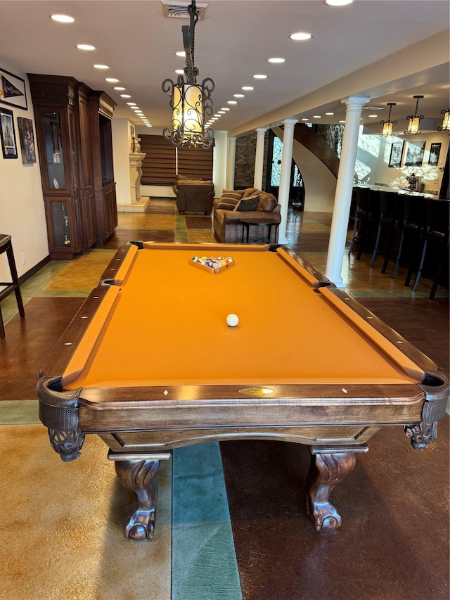 rec room featuring recessed lighting, decorative columns, a bar, and billiards