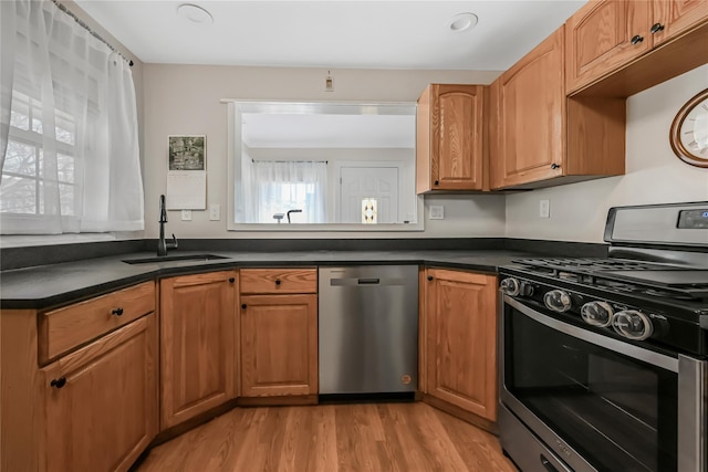 kitchen featuring stainless steel appliances, light hardwood / wood-style floors, and sink