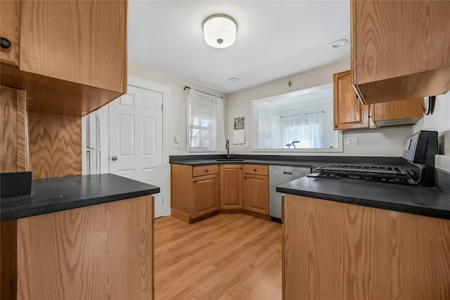 kitchen featuring sink, dishwasher, stove, and light hardwood / wood-style flooring