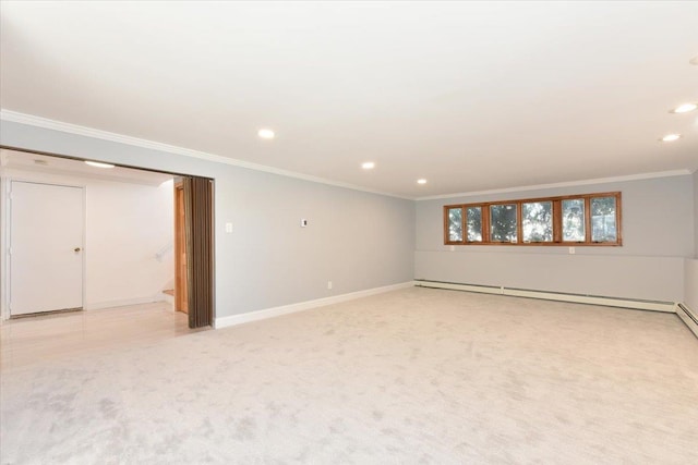 basement featuring crown molding, light colored carpet, and a baseboard radiator