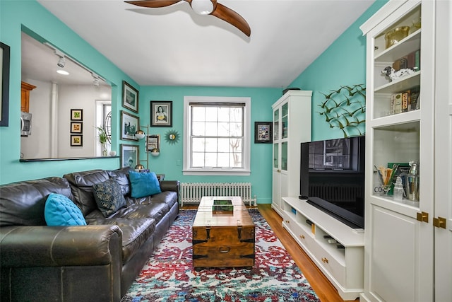 living room featuring ceiling fan, hardwood / wood-style floors, and radiator heating unit