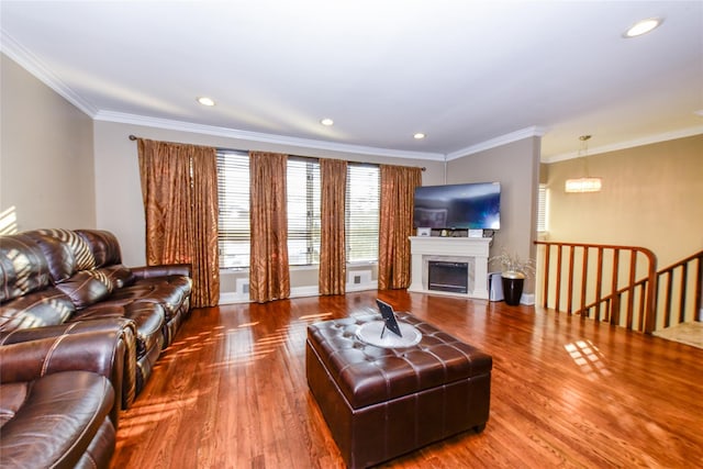 living room with ornamental molding and wood-type flooring