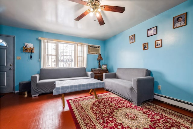 living room with hardwood / wood-style flooring, a baseboard radiator, a wall mounted air conditioner, and ceiling fan