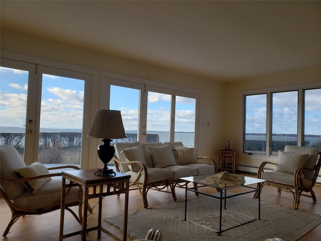 living room featuring a water view, light wood-type flooring, and french doors