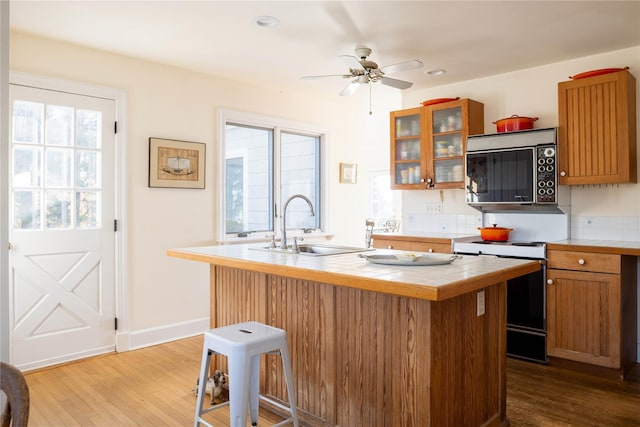 kitchen featuring sink, a breakfast bar, range with electric cooktop, an island with sink, and light wood-type flooring