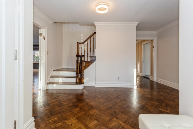 interior space with parquet flooring and crown molding