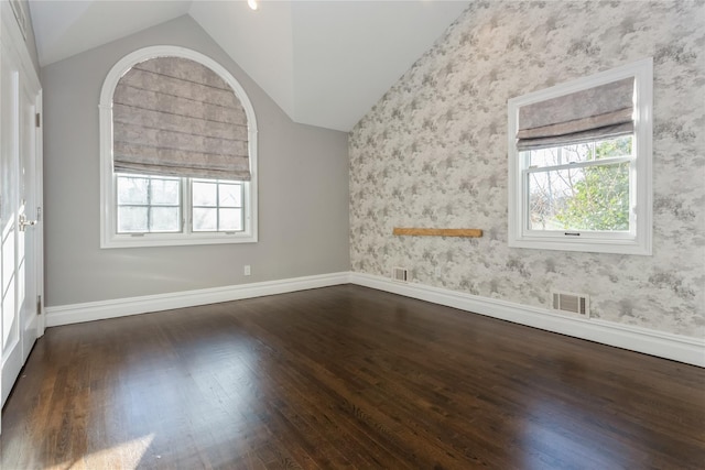 spare room featuring dark wood-type flooring and lofted ceiling