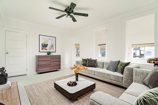 living room featuring ceiling fan