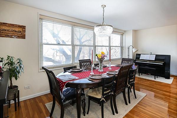 dining area featuring plenty of natural light, hardwood / wood-style floors, and an inviting chandelier