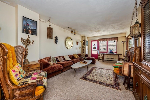 carpeted living room with baseboard heating, a textured ceiling, and track lighting