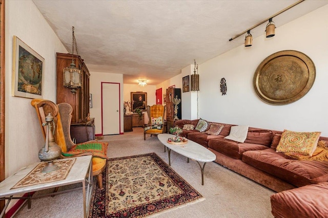 living room with a textured ceiling, carpet floors, and rail lighting