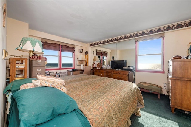 carpeted bedroom featuring multiple windows