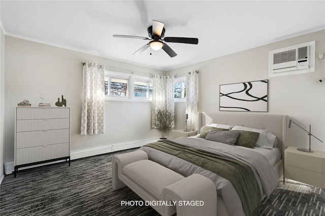 bedroom featuring ceiling fan and a wall unit AC