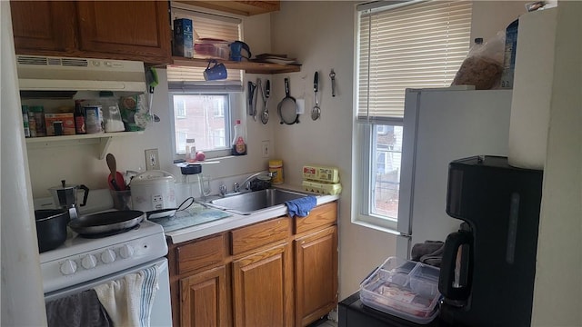 kitchen with white range with electric stovetop, sink, and exhaust hood