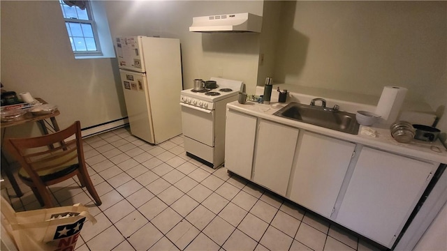 kitchen with sink, white cabinets, ventilation hood, white appliances, and light tile patterned floors