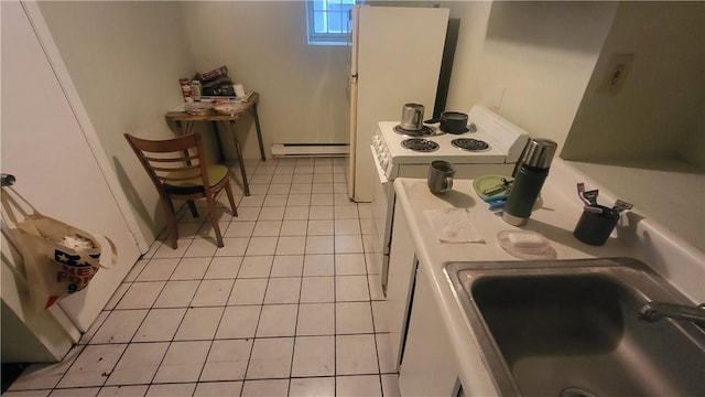 kitchen with white electric range oven, light tile patterned floors, a baseboard heating unit, and sink