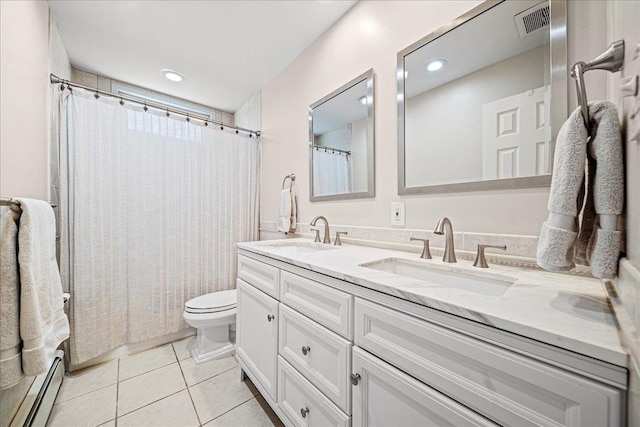 bathroom with walk in shower, tile patterned flooring, a baseboard heating unit, toilet, and vanity