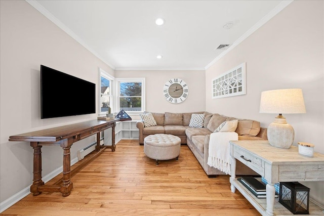 living room featuring crown molding, light hardwood / wood-style floors, and a baseboard radiator