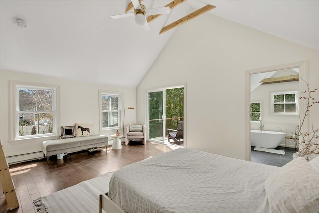 bedroom with high vaulted ceiling, access to outside, ceiling fan, beamed ceiling, and dark hardwood / wood-style flooring