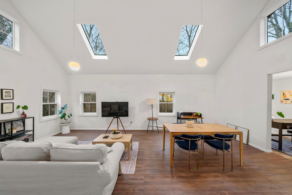 living room featuring a skylight, a healthy amount of sunlight, dark hardwood / wood-style floors, and a high ceiling